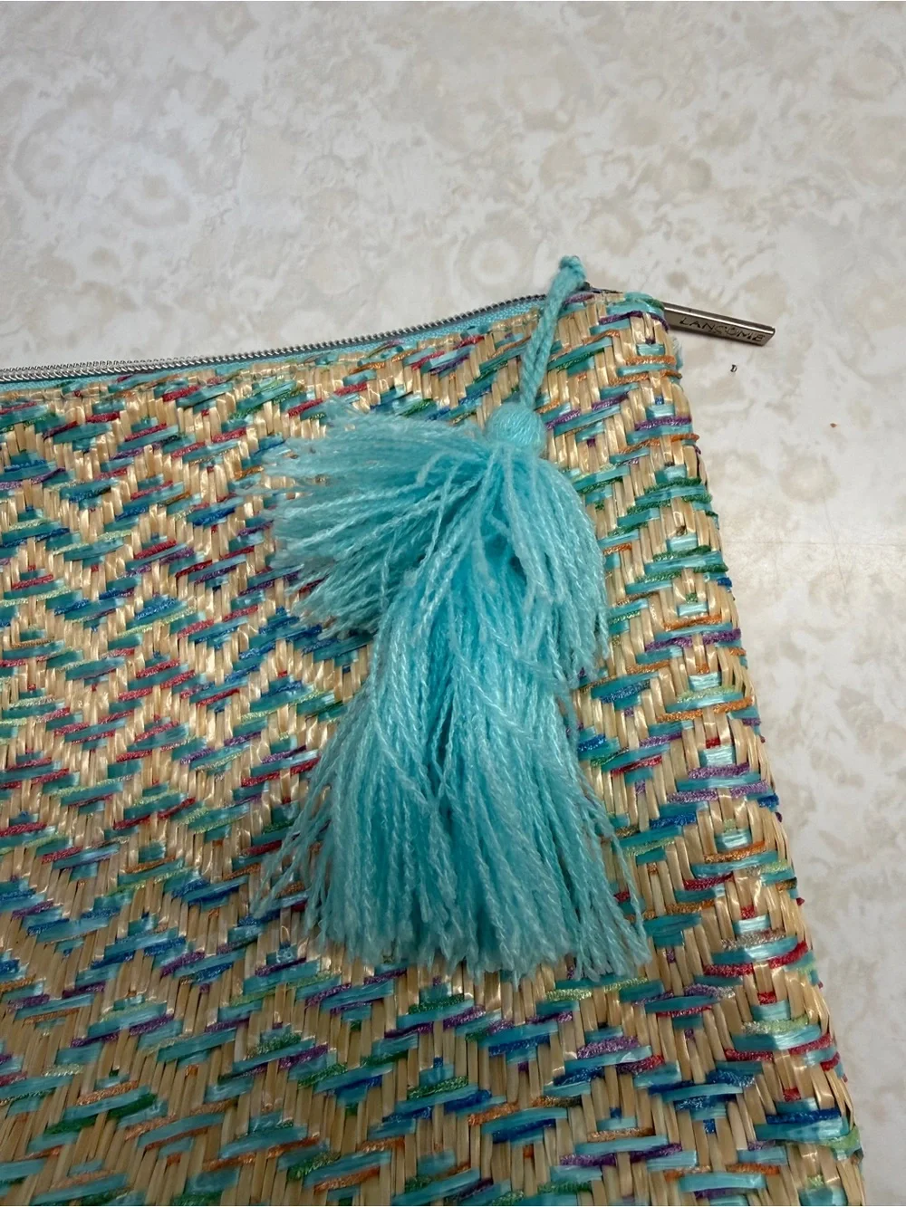 Lancôme Turquoise Tassel Woven Straw Clutch cosmetic case woven